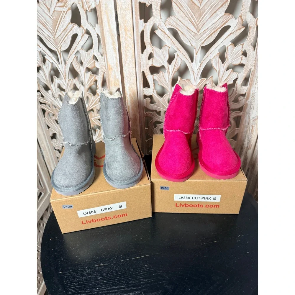 Livboots Kids  Faux Suede Shearling Lined Winter Boots Gray Pink Size M 10-11
